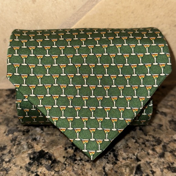 Brooks Brothers 346 Green Martini Cocktail Glass Silk Men's Neck Tie 59.5" 3.5" - Picture 1 of 2